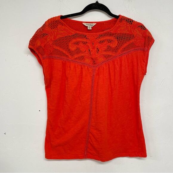 Lucky Brand Orange Lace Cap Sleeve Blouse Womens S Boho Crochet Top Oversized - Picture 1 of 8